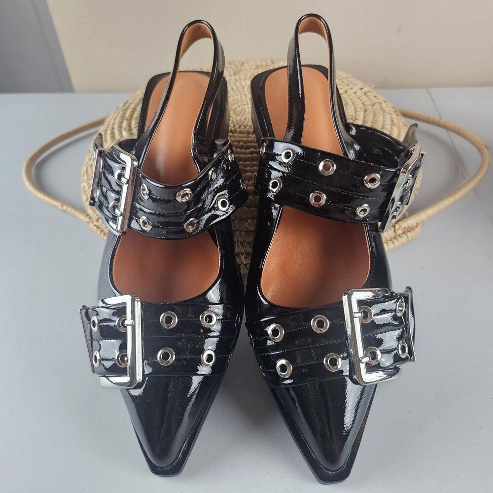 Stylish Black Flats with Silver Buckles